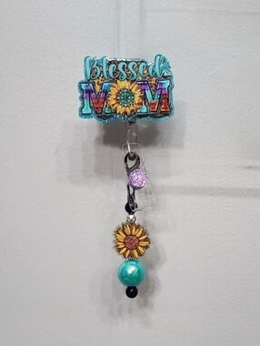 Blessed Mom Badge Reel Sunflower Retractable Alligator Clip ID Holder Gift